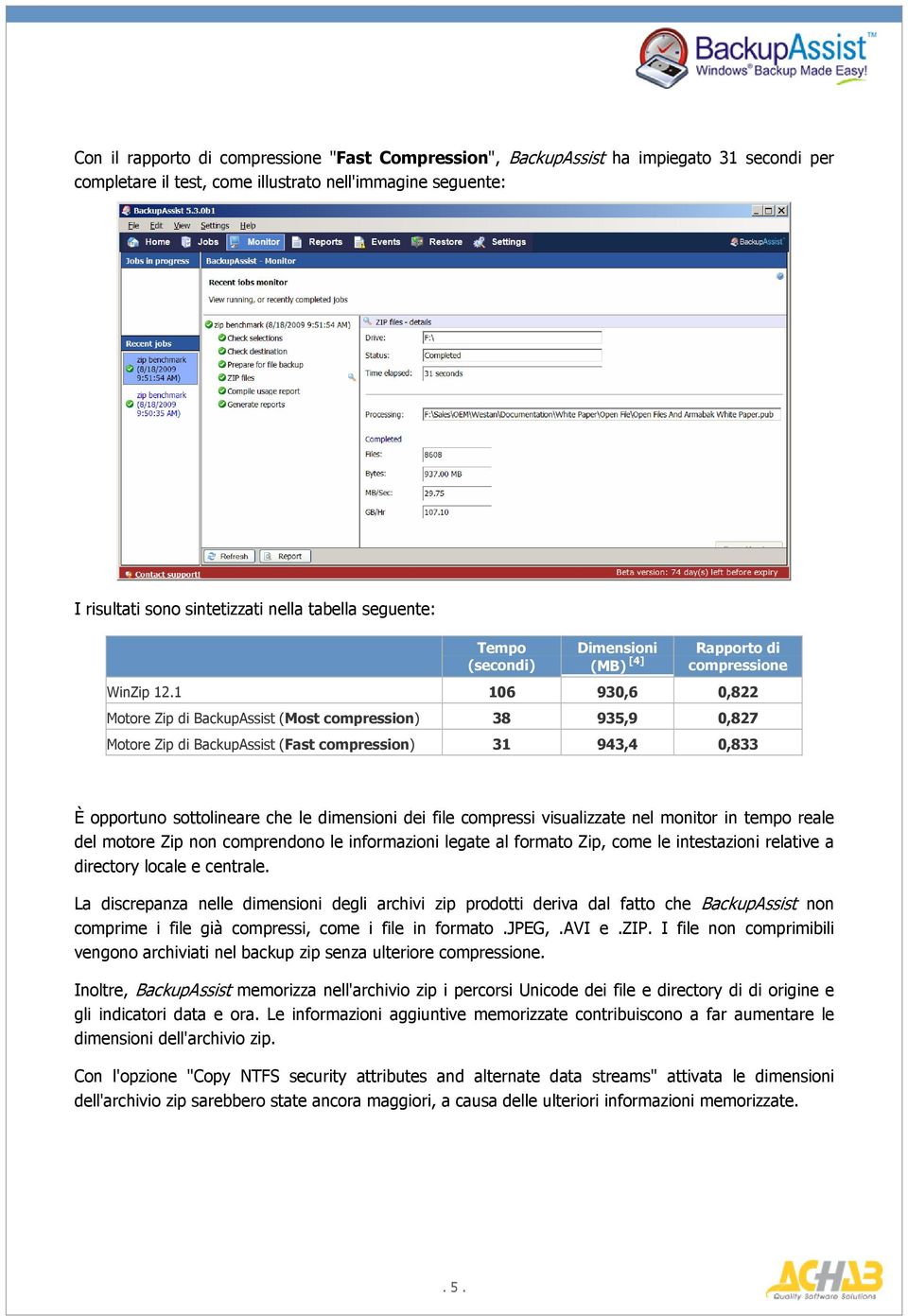 1 106 930,6 0,822 Motore Zip di BackupAssist (Most compression) 38 935,9 0,827 Motore Zip di BackupAssist (Fast compression) 31 943,4 0,833 È opportuno sottolineare che le dimensioni dei file