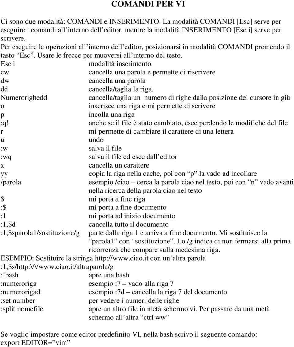 Esc i modalità inserimento cw cancella una parola e permette di riscrivere dw cancella una parola dd cancella/taglia la riga.