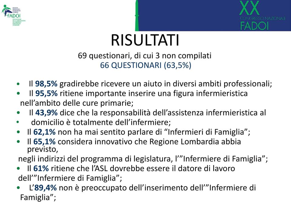 Il 62,1%non ha mai sentito parlare di Infermieri di Famiglia ; Il 65,1%considera innovativo che Regione Lombardia abbia previsto, negli indirizzi del programma di legislatura, l