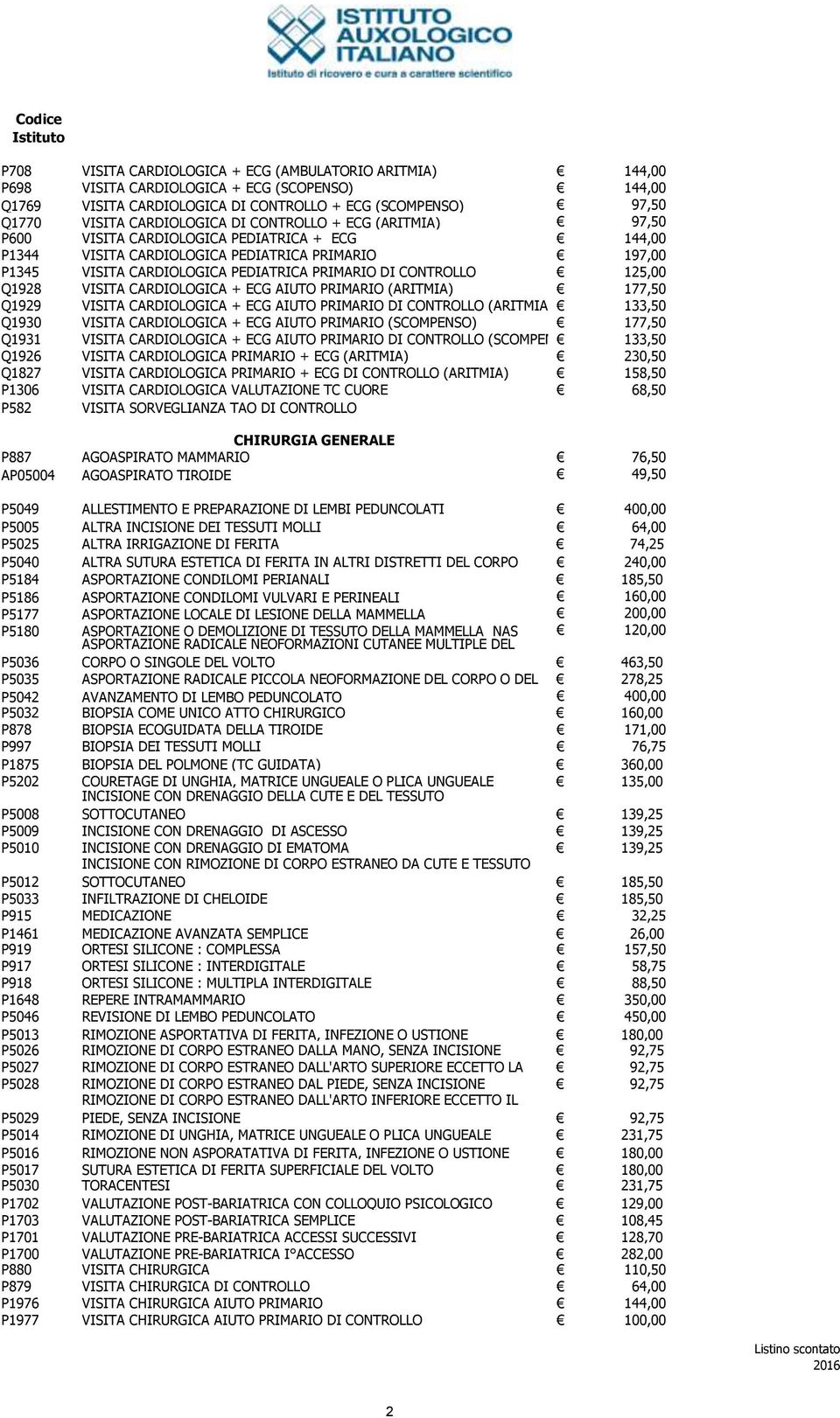 125,00 Q1928 VISITA CARDIOLOGICA + ECG AIUTO PRIMARIO (ARITMIA) 177,50 Q1929 VISITA CARDIOLOGICA + ECG AIUTO PRIMARIO DI CONTROLLO (ARITMIA) 133,50 Q1930 VISITA CARDIOLOGICA + ECG AIUTO PRIMARIO