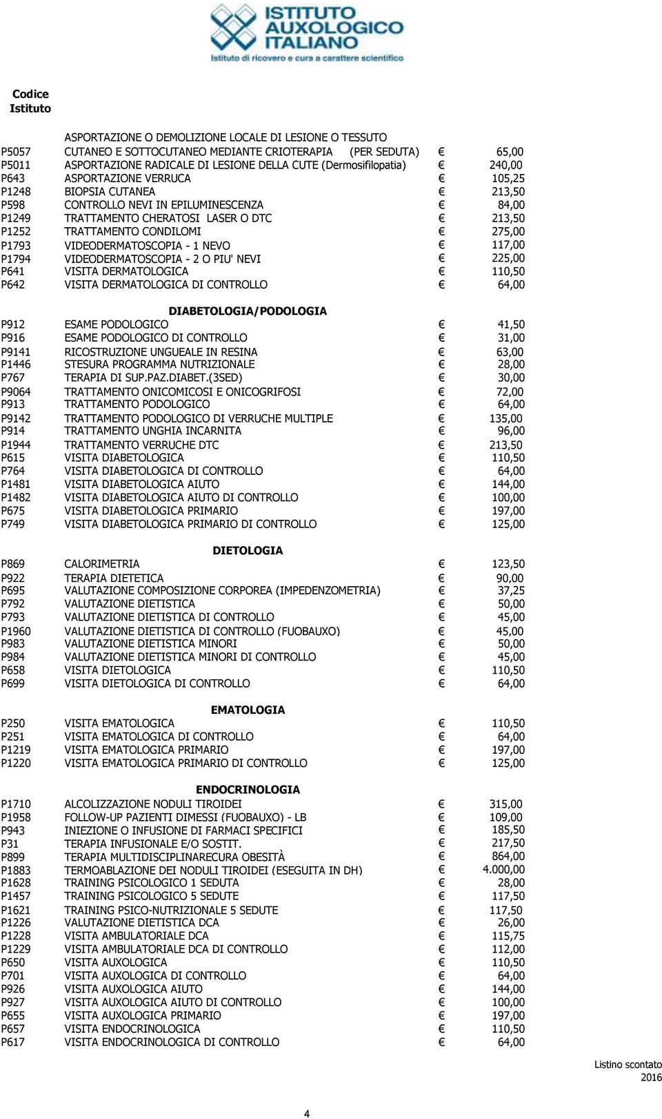 VIDEODERMATOSCOPIA - 1 NEVO 117,00 P1794 VIDEODERMATOSCOPIA - 2 O PIU' NEVI 225,00 P641 VISITA DERMATOLOGICA 110,50 P642 VISITA DERMATOLOGICA DI CONTROLLO 64,00 DIABETOLOGIA/PODOLOGIA P912 ESAME