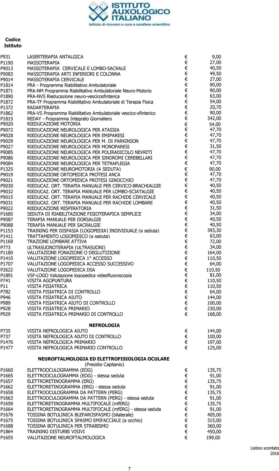 Programma Riabilitativo Ambulatoriale di Terapia Fisica 54,00 P1372 RADARTERAPIA 20,70 P1862 PRA-VS Programma Riabilitativo Ambulatoriale vescico-sfinterico 90,00 P1815 REDAY - Programma Integrato