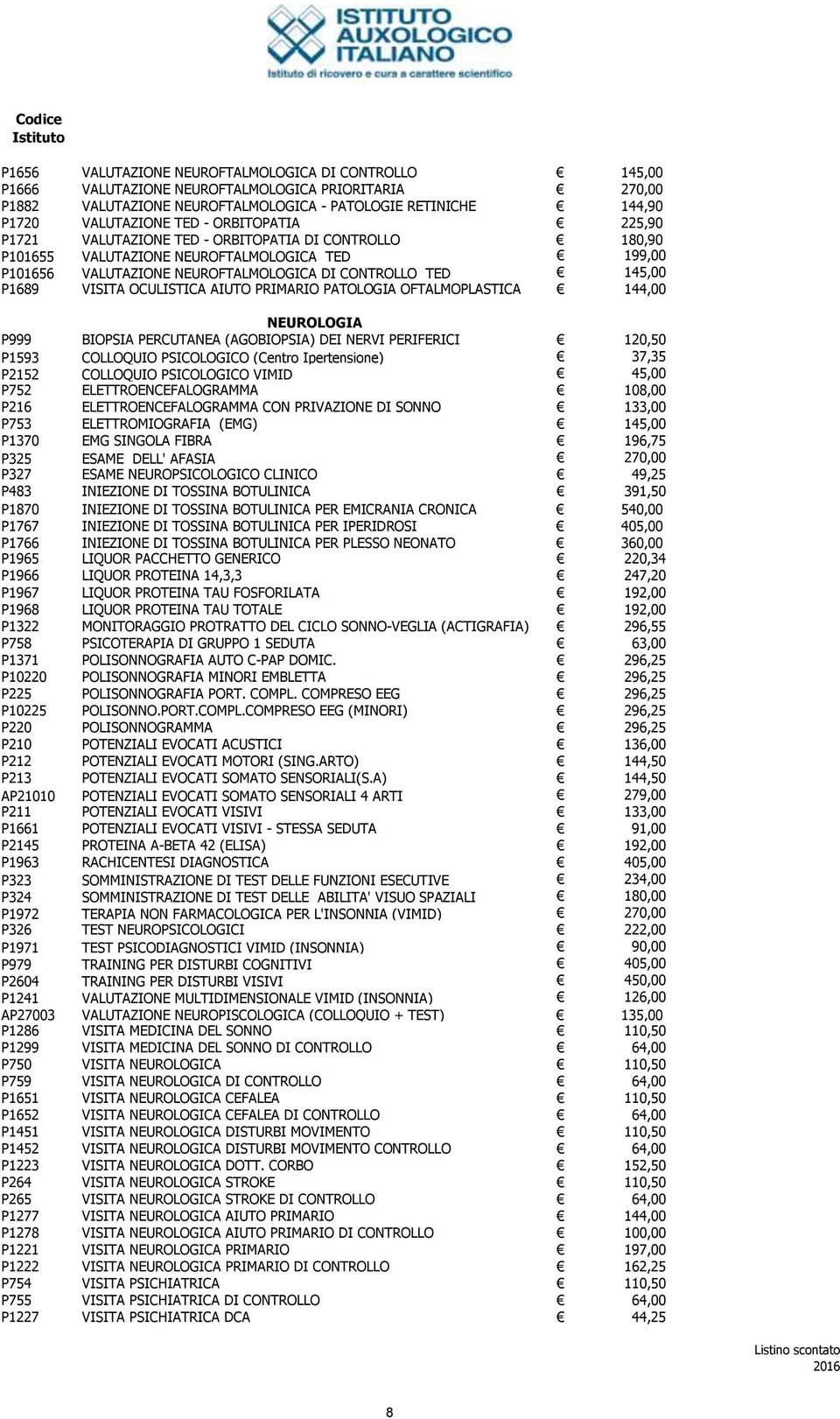 OCULISTICA AIUTO PRIMARIO PATOLOGIA OFTALMOPLASTICA 144,00 NEUROLOGIA P999 BIOPSIA PERCUTANEA (AGOBIOPSIA) DEI NERVI PERIFERICI 120,50 P1593 COLLOQUIO PSICOLOGICO (Centro Ipertensione) 37,35 P2152