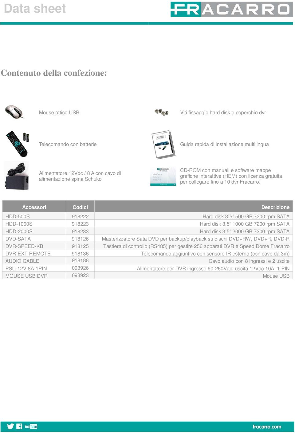 Accessori Codici Descrizione HDD-500S 918222 Hard disk 3,5 500 GB 7200 rpm SATA HDD-1000S 918223 Hard disk 3,5 1000 GB 7200 rpm SATA HDD-2000S 918233 Hard disk 3,5 2000 GB 7200 rpm SATA DVD-SATA