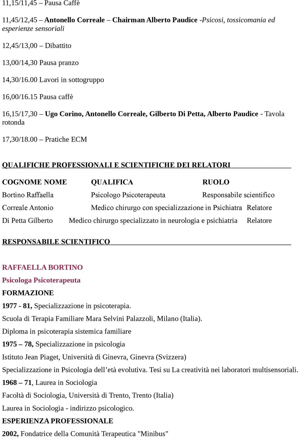 00 Pratiche ECM QUALIFICHE PROFESSIONALI E SCIENTIFICHE DEI RELATORI COGNOME NOME QUALIFICA RUOLO Bortino Raffaella Psicologo Psicoterapeuta Responsabile scientifico Correale Antonio Medico chirurgo