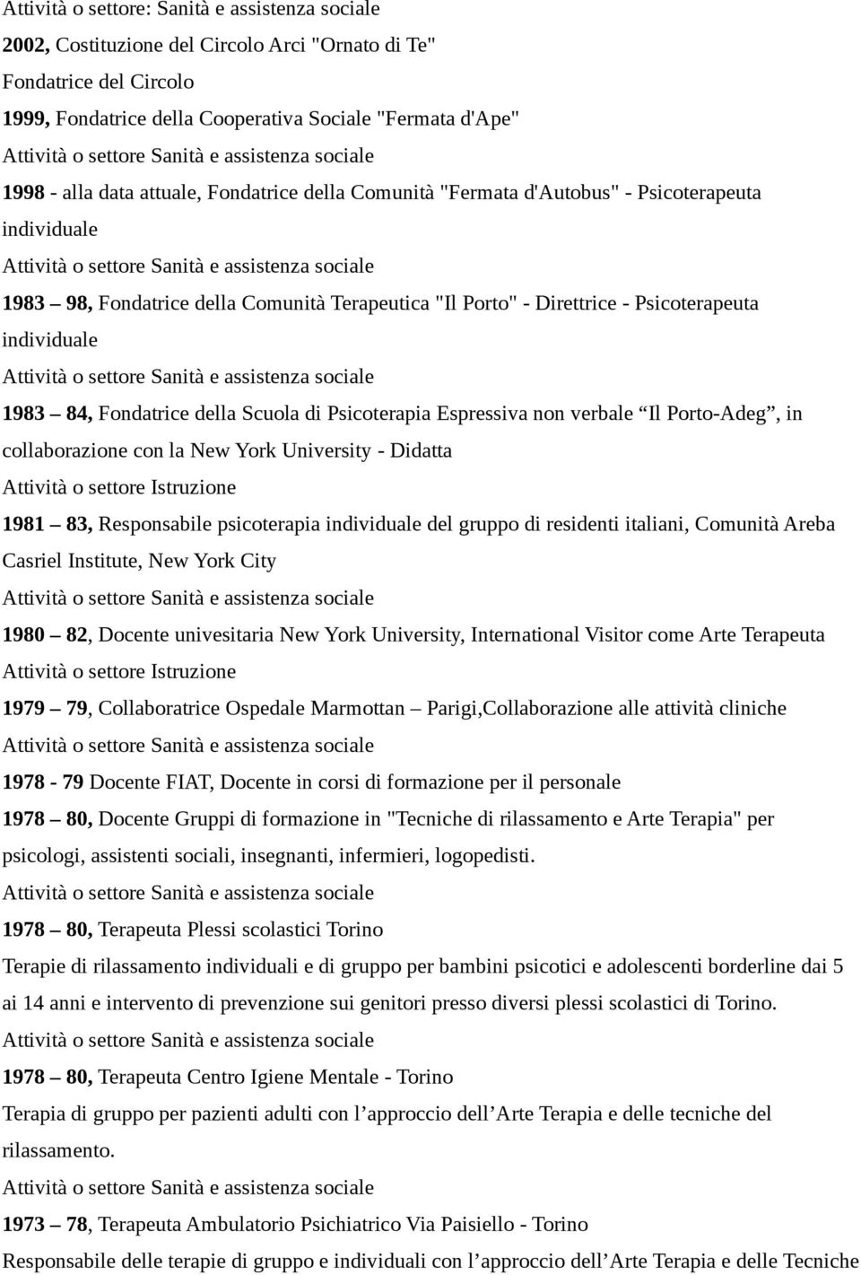 Fondatrice della Scuola di Psicoterapia Espressiva non verbale Il Porto-Adeg, in collaborazione con la New York University - Didatta Attività o settore Istruzione 1981 83, Responsabile psicoterapia