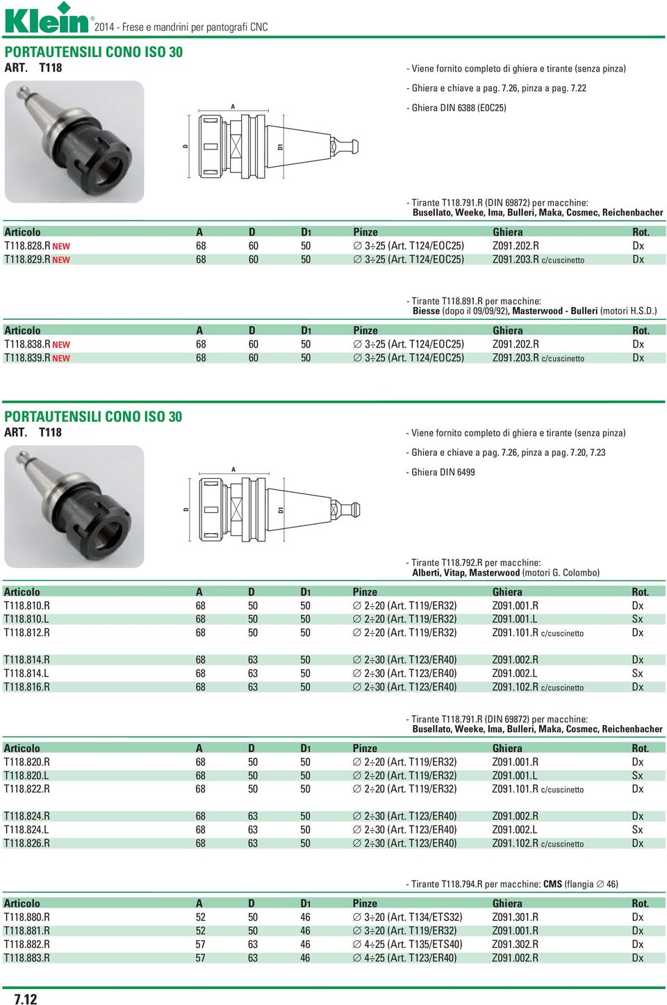 23 A Ghiera DIN 6499 D D1 D D1 Tirante T118.791.R (DIN 69872) per macchine: Busellato, Weeke, Ima, Bulleri, Maka, Cosmec, Reichenbacher A D D1 Pinze Ghiera Rot. T118.828.R NEW 68 60 50 3 25 (Art.