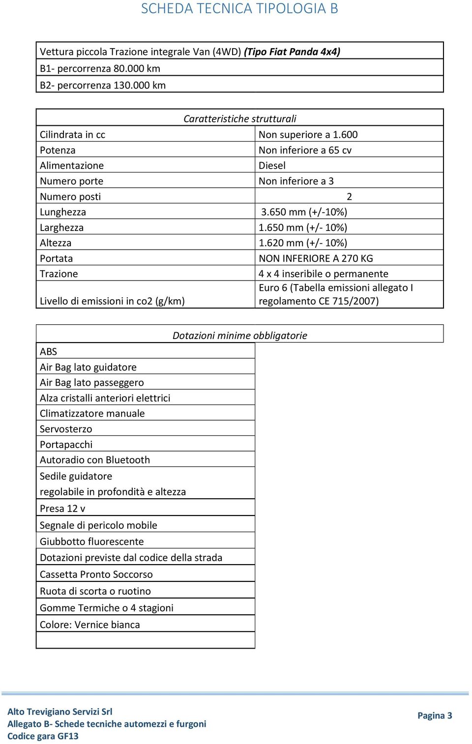 600 Non inferiore a 65 cv Non inferiore a 3 Lunghezza 3.650 mm (+/-10%) Larghezza 1.650 mm (+/- 10%) Altezza 1.