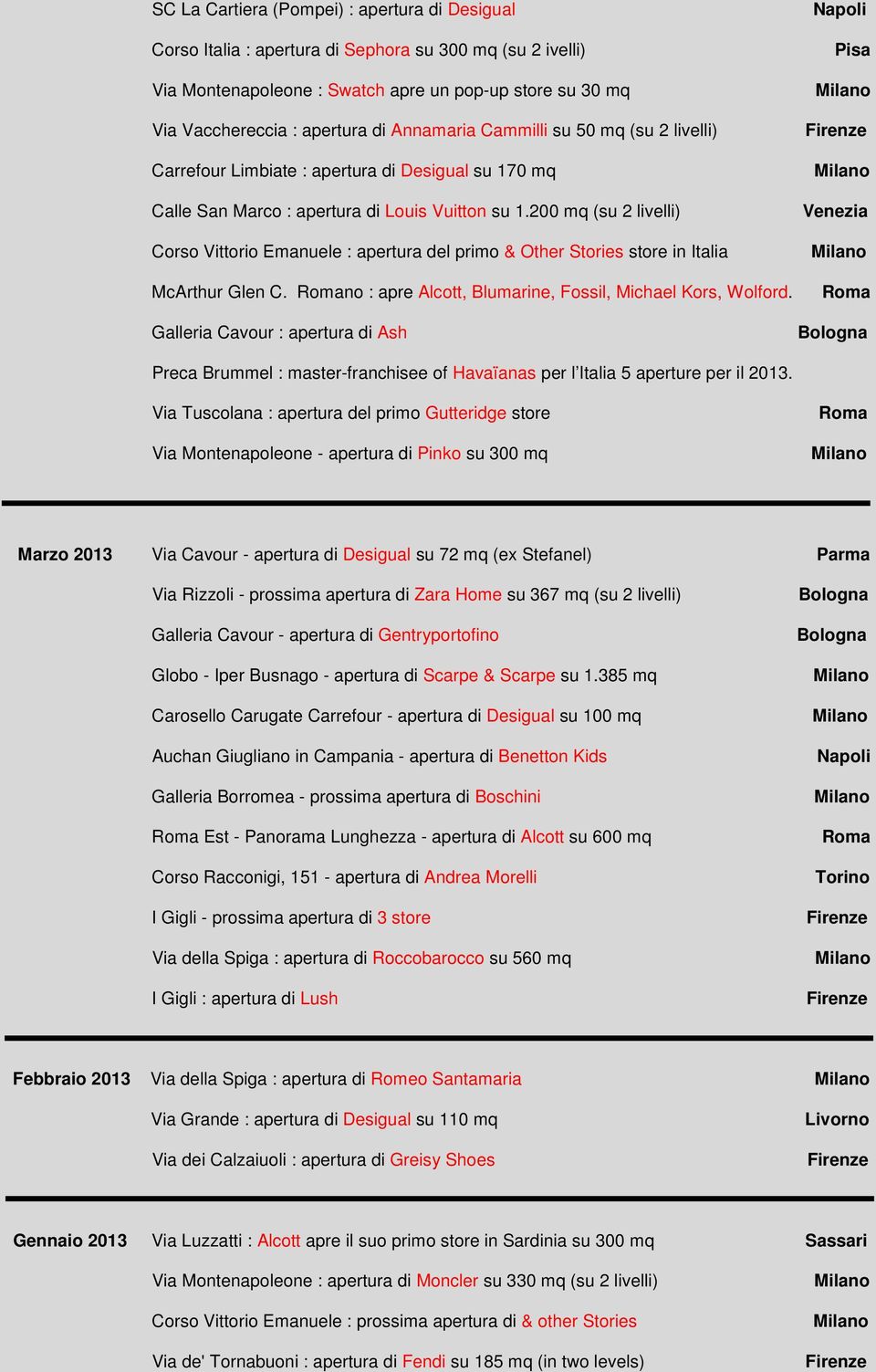 200 mq (su 2 livelli) Corso Vittorio Emanuele : apertura del primo & Other Stories store in Italia McArthur Glen C. Romano : apre Alcott, Blumarine, Fossil, Michael Kors, Wolford.