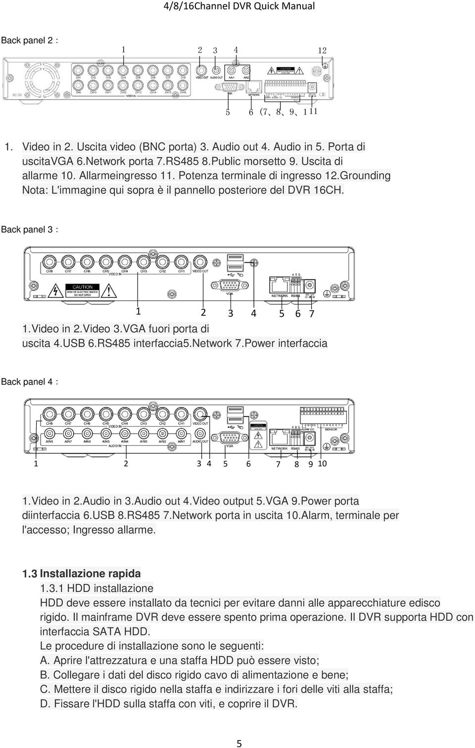 VGA fuori porta di uscita 4.USB 6.RS485 interfaccia5.network 7.Power interfaccia Back panel 4: 1 2 3 4 5 6 7 8 9 10 1.Video in 2.Audio in 3.Audio out 4.Video output 5.VGA 9.