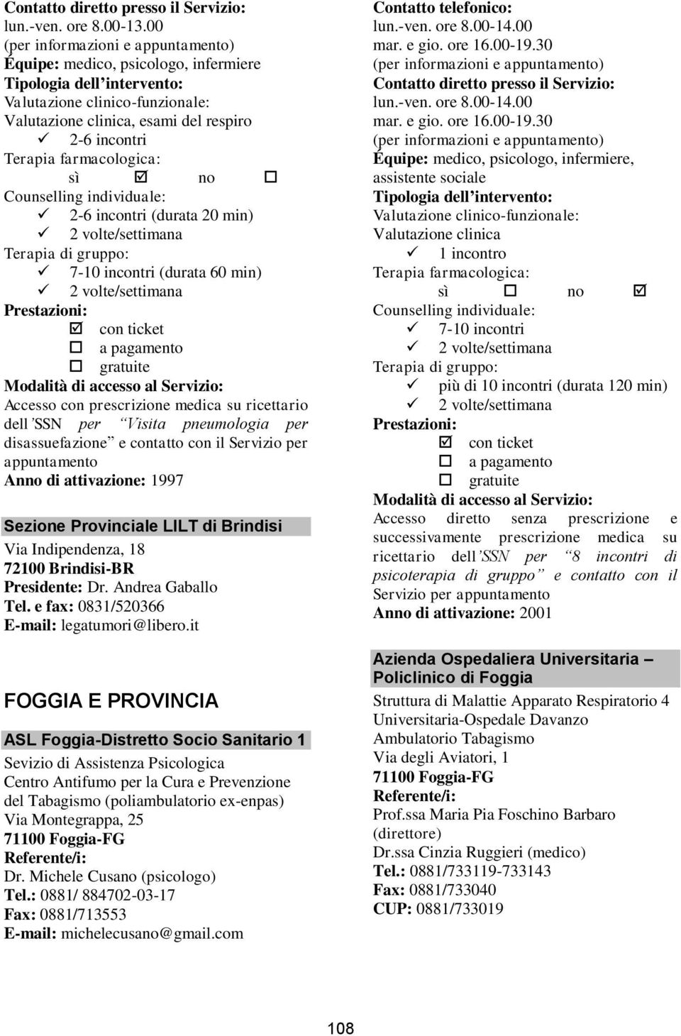 attivazione: 1997 Sezione Provinciale LILT di Brindisi Via Indipendenza, 18 72100 Brindisi-BR Presidente: Dr. Andrea Gaballo Tel. e fax: 0831/520366 E-mail: legatumori@libero.