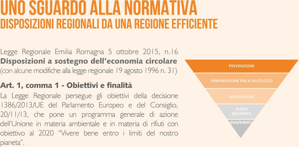 1, comma 1 - Obiettivi e finalità PREVENZIONE PREPARAZIONE PER IL RIUTILIZZO La Legge Regionale persegue gli obiettivi della decisione 1386/2013/UE del Parlamento