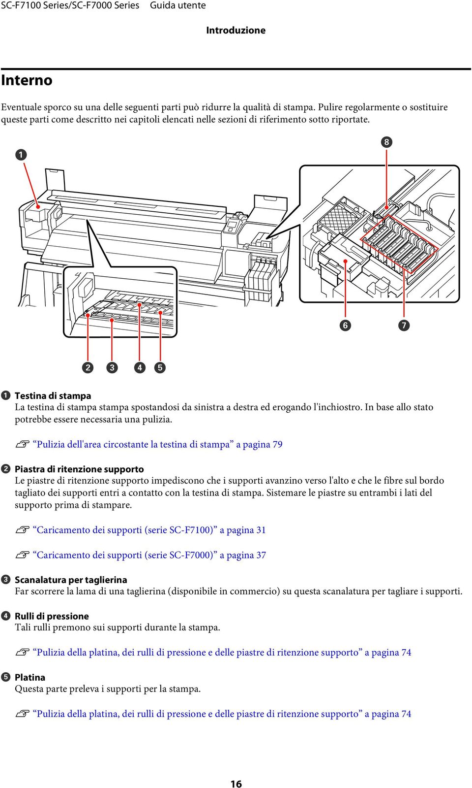 A Testina di stampa La testina di stampa stampa spostandosi da sinistra a destra ed erogando l'inchiostro. In base allo stato potrebbe essere necessaria una pulizia.