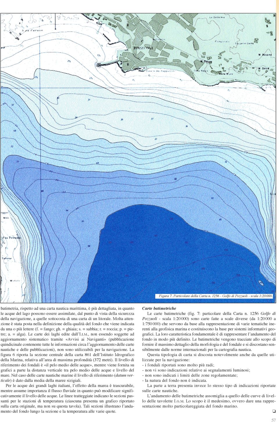 sottocosta di una carta di un litorale. Molta attenzione è stata posta nella definizione della qualità del fondo che viene indicata da una o più lettere (f. = fango; gh. = ghiaia; s. = sabbia; r.