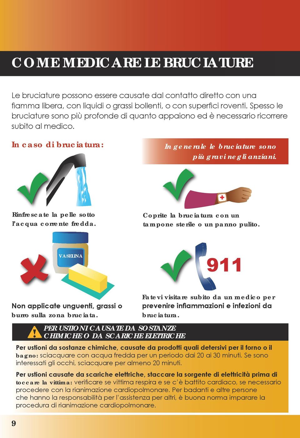 Rinfrescate la pelle sotto l acqua corrente fredda. Coprite la bruciatura con un tampone sterile o un panno pulito. VASELINA Non applicate unguenti, grassi o burro sulla zona bruciata.