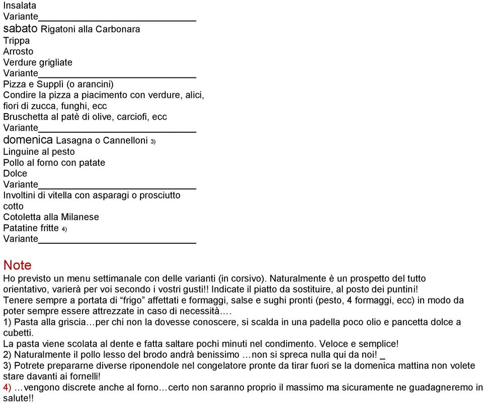 4) Note Ho previsto un menu settimanale con delle varianti (in corsivo). Naturalmente è un prospetto del tutto orientativo, varierà per voi secondo i vostri gusti!