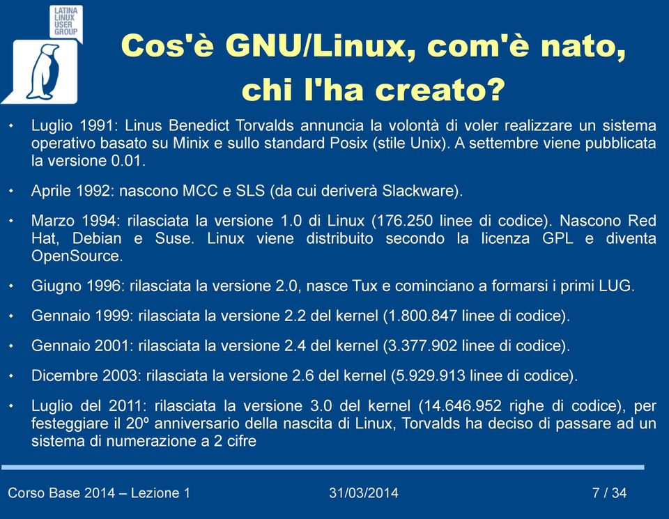 Nascono Red Hat, Debian e Suse. Linux viene distribuito secondo la licenza GPL e diventa OpenSource. Giugno 1996: rilasciata la versione 2.0, nasce Tux e cominciano a formarsi i primi LUG.