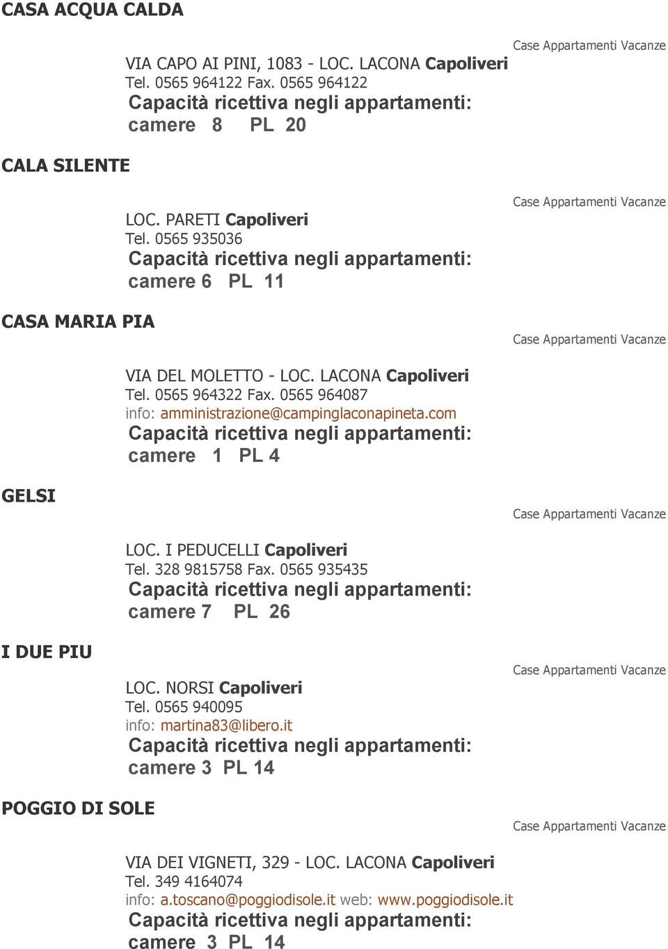 0565 964087 info: amministrazione@campinglaconapineta.com camere 1 PL 4 GELSI I DUE PIU LOC. I PEDUCELLI Capoliveri Tel. 328 9815758 Fax. 0565 935435 camere 7 PL 26 LOC.