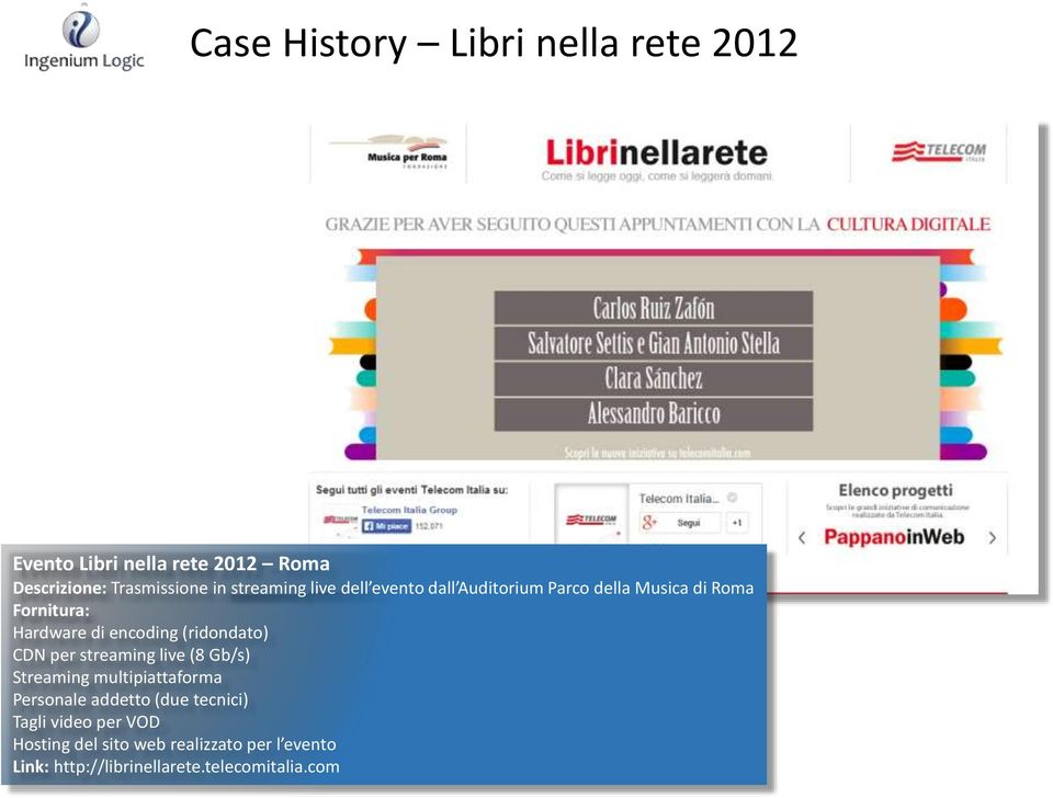 CDN per streaming live (8 Gb/s) Personale addetto (due tecnici) Tagli video per VOD