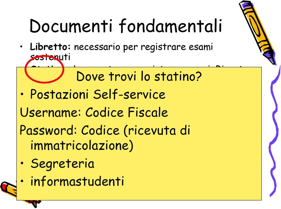 Postazioni Self-service Piano di studi: NON è necessario per il I anno. Username: Include l elenco Codice degli esami Fiscale previsti per ogni anno.