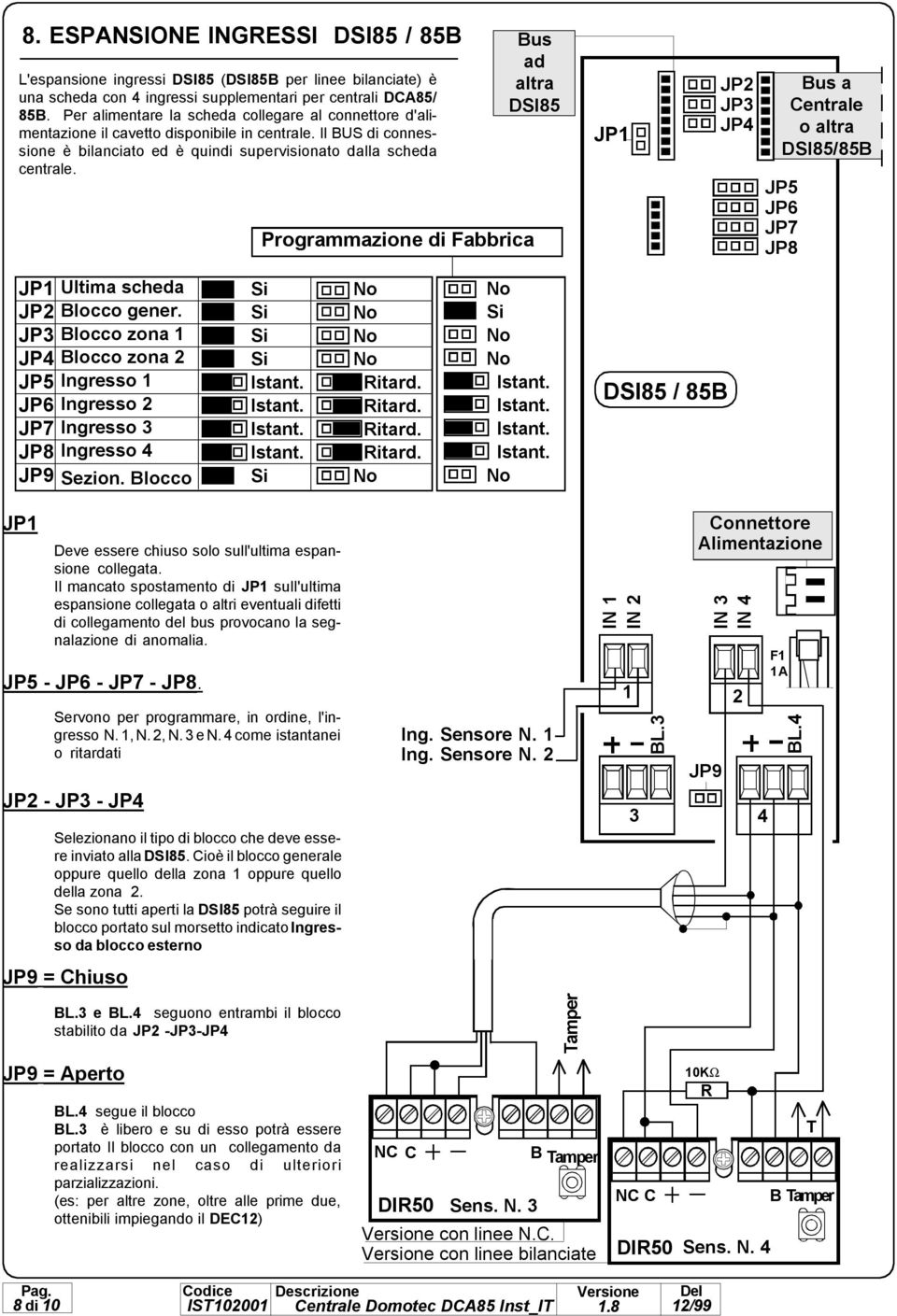 Programmazione di Fabbrica Bus ad altra DSI5 JP2 JP3 JP4 Bus a Centrale o altra DSI5/5B JP5 JP JP JP JP2 JP3 JP4 JP5 JP JP JP JP9 Ultima scheda Blocco gener.