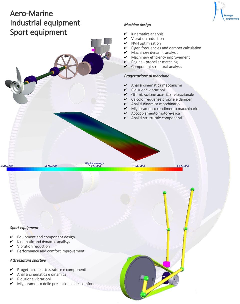 Calcolo frequenze proprie e damper Analisi dinamica macchinario Miglioramento rendimento macchinario Accoppiamento motore-elica Analisi strutturale componenti Sport equipment Equipment and component