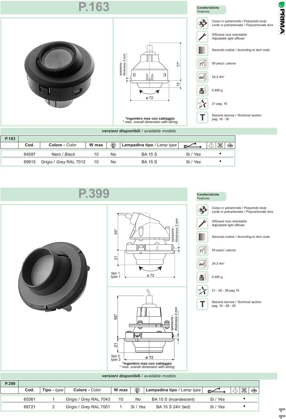 thickness 3 mm 13 77* 50 pezzi / pieces 24,3 dm 3 5.400 g ø 72 21 pag. 15 *ingombro max con cablaggio * max. overall dimension with wiring Sezione tecnica / Technical section pag. 16-30 P.