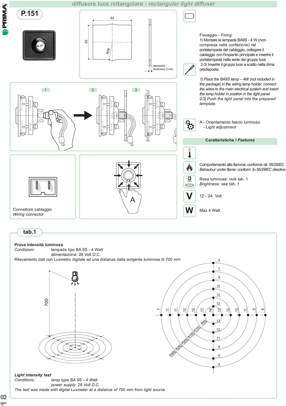 BA9S lamp 4W (not included in the package) in the wiring lamp holder, connect the wires to the main electrical system and insert the lamp holder in position in the light panel.