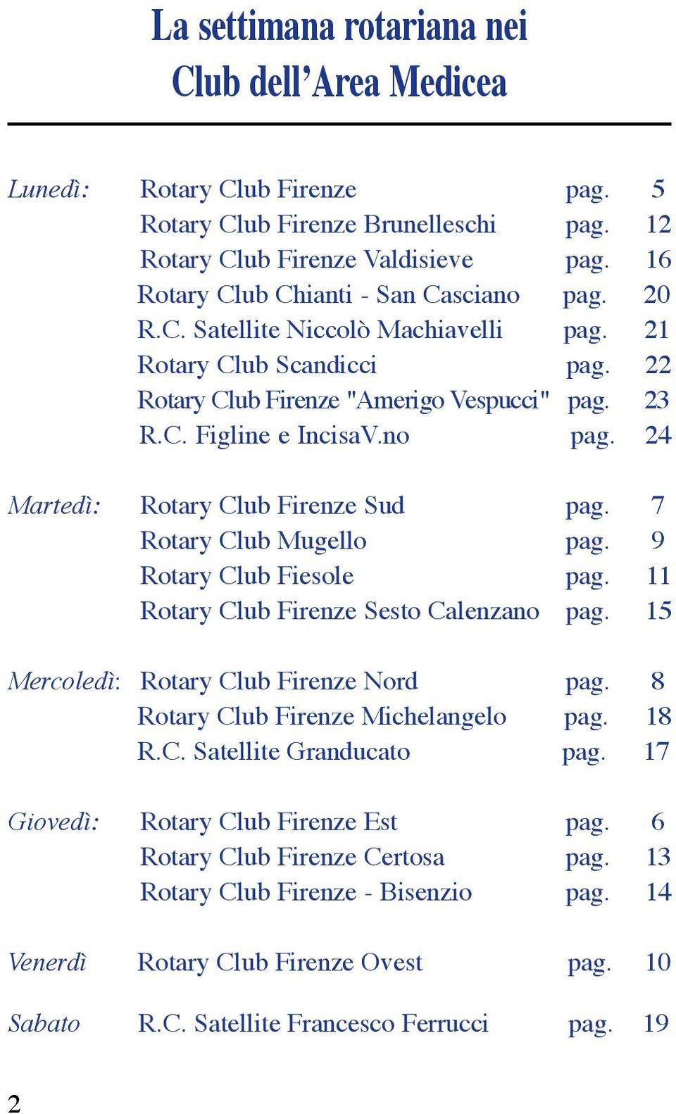 7 Rotary Club Mugello pag. 9 Rotary Club Fiesole pag. 11 Rotary Club Firenze Sesto Calenzano pag. 15 Mercoledì: Rotary Club Firenze Nord pag. 8 Rotary Club Firenze Michelangelo pag. 18 R.C. Satellite Granducato pag.