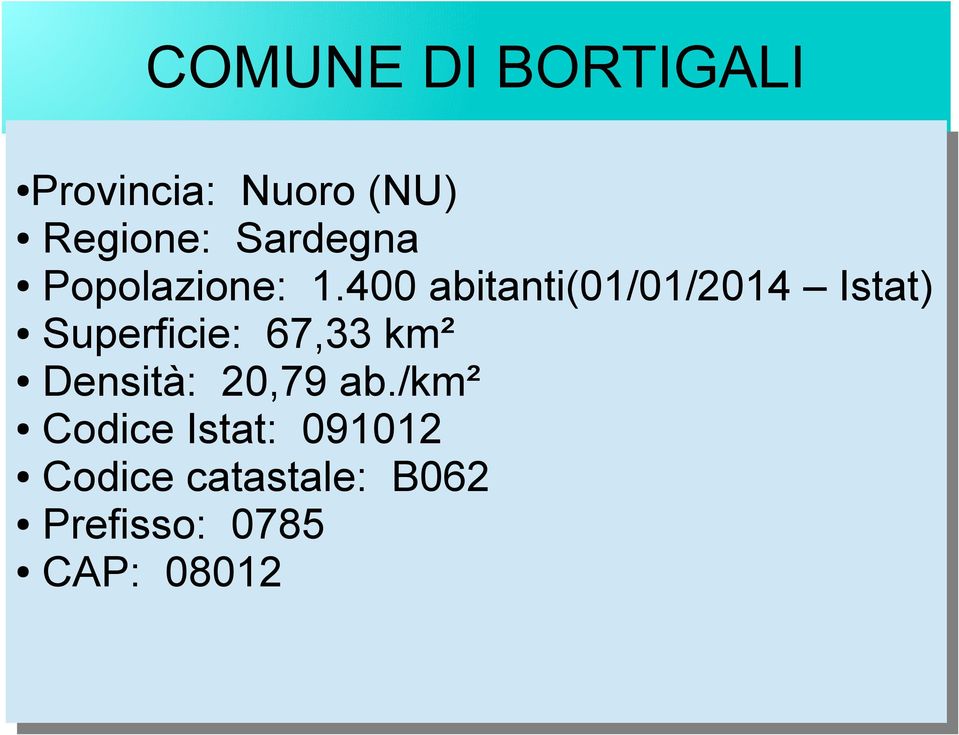 400 abitanti(01/01/2014 Istat) Superficie: 67,33 km²