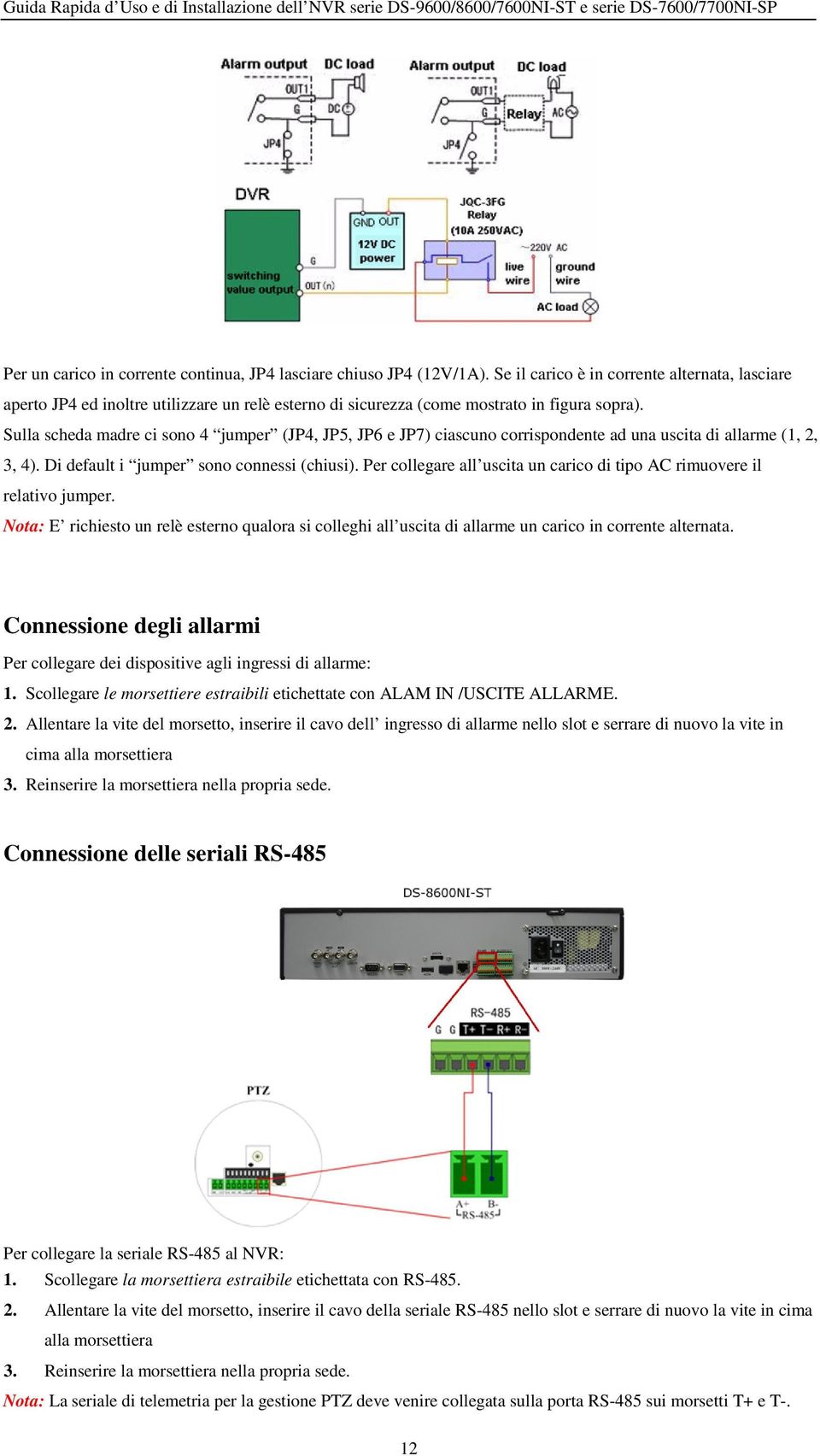 Sulla scheda madre ci sono 4 jumper (JP4, JP5, JP6 e JP7) ciascuno corrispondente ad una uscita di allarme (1, 2, 3, 4). Di default i jumper sono connessi (chiusi).