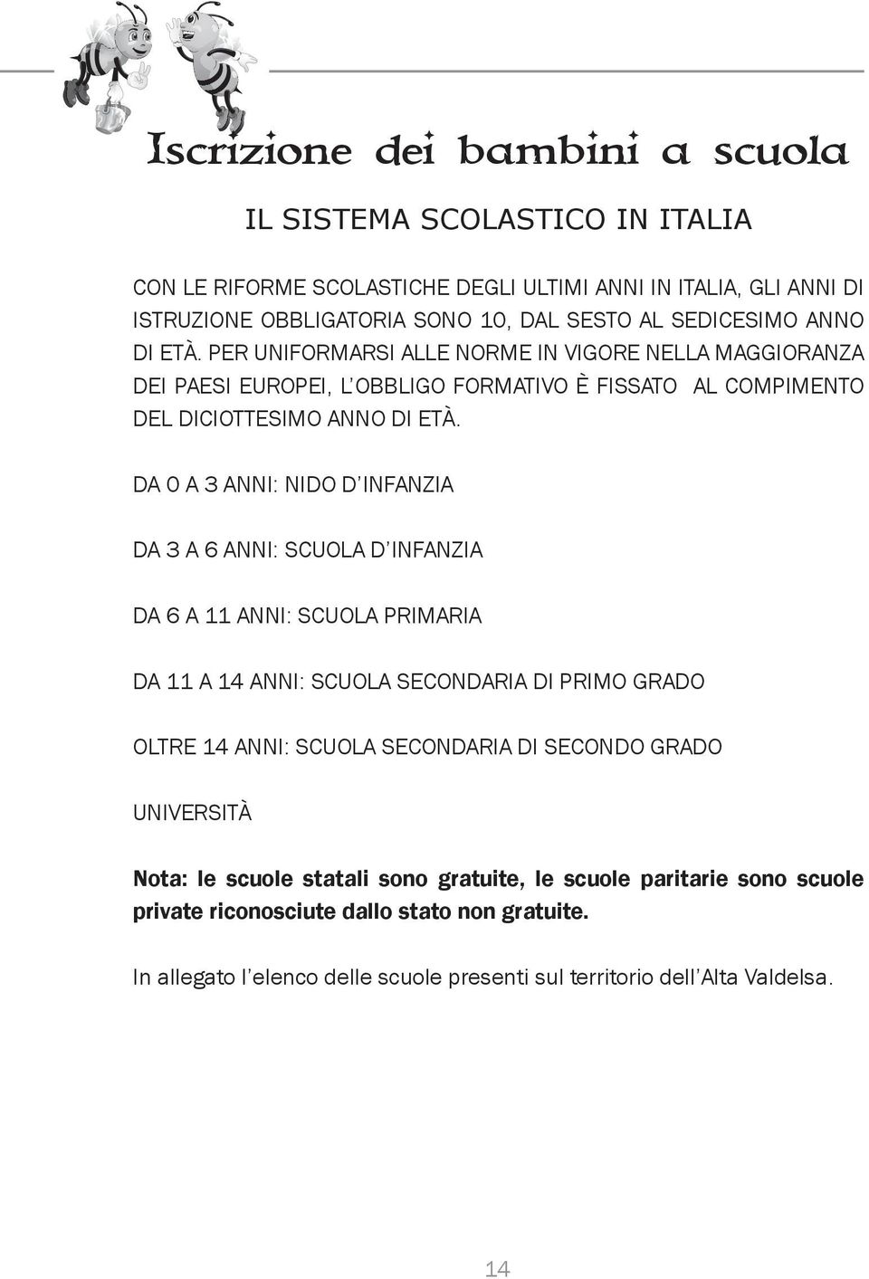 DA 0 A 3 ANNI: NIDO D INFANZIA DA 3 A 6 ANNI: SCUOLA D INFANZIA DA 6 A 11 ANNI: SCUOLA PRIMARIA DA 11 A 14 ANNI: SCUOLA SECONDARIA DI PRIMO GRADO OLTRE 14 ANNI: SCUOLA SECONDARIA DI