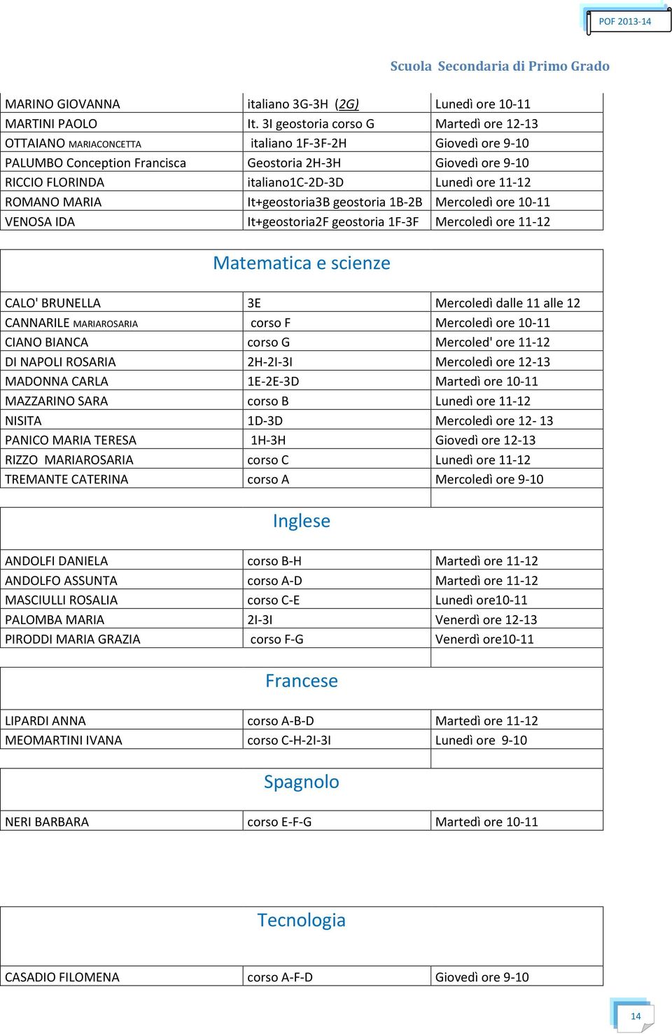 ore 11-12 ROMANO MARIA It+geostoria3B geostoria 1B-2B Mercoledì ore 10-11 VENOSA IDA It+geostoria2F geostoria 1F-3F Mercoledì ore 11-12 Matematica e scienze CALO' BRUNELLA 3E Mercoledì dalle 11 alle