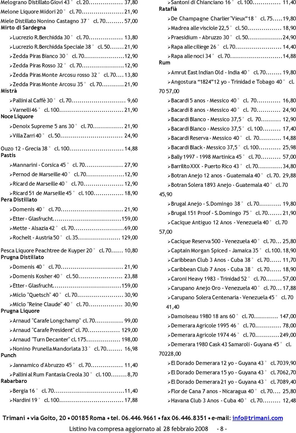 70... 9,60 Varnelli 46 cl. 100... 21,90 Noce Liquore Denoix Supreme 5 ans 30 cl. 70... 21,90 Villa Zarri 40 cl. 50... 24,90 Ouzo 12 - Grecia 38 cl. 100...14,88 Pastis Mannarini - Corsica 45 cl. 70... 27,90 Pernod de Marseille 40 cl.