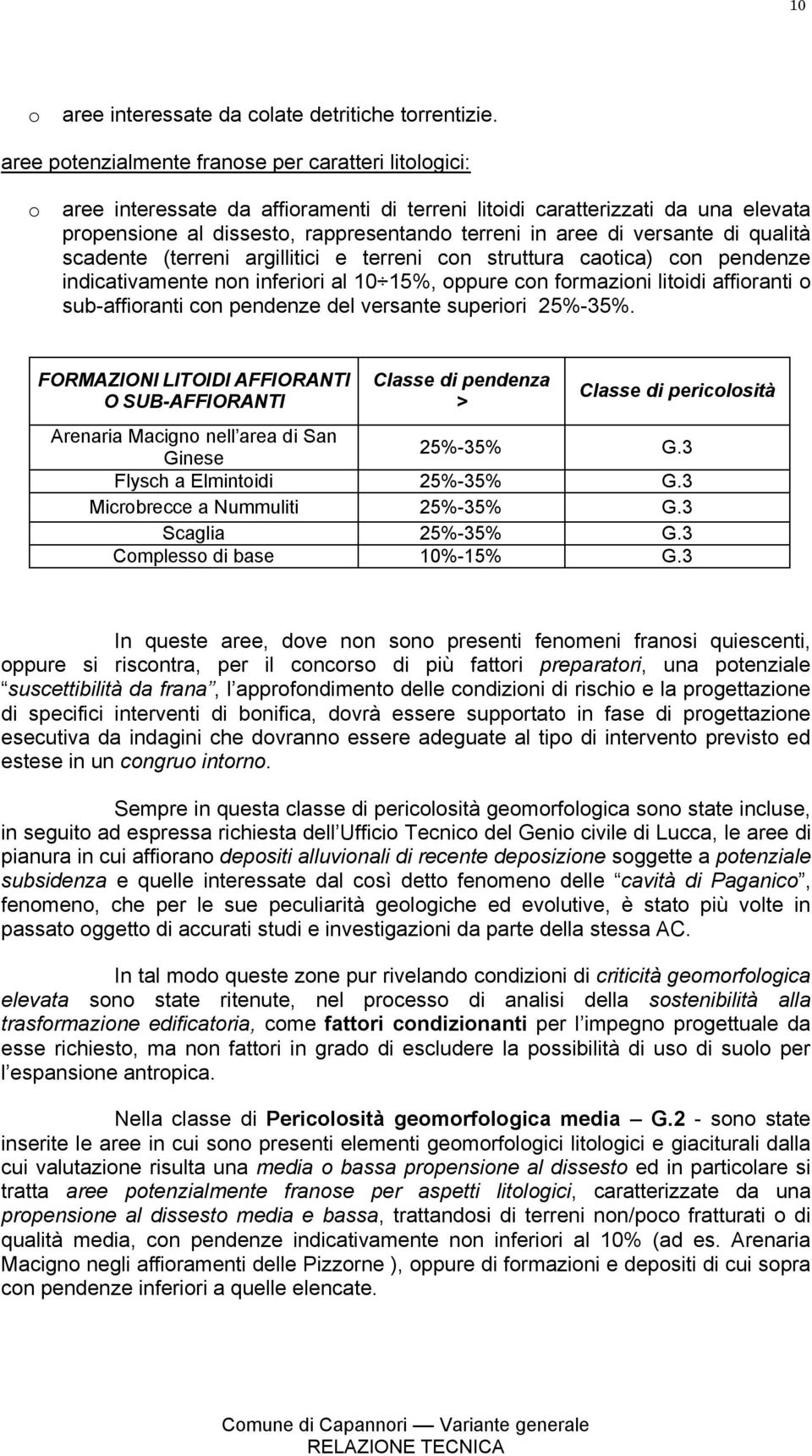 versante di qualità scadente (terreni argillitici e terreni con struttura caotica) con pendenze indicativamente non inferiori al 10 15%, oppure con formazioni litoidi affioranti o sub-affioranti con