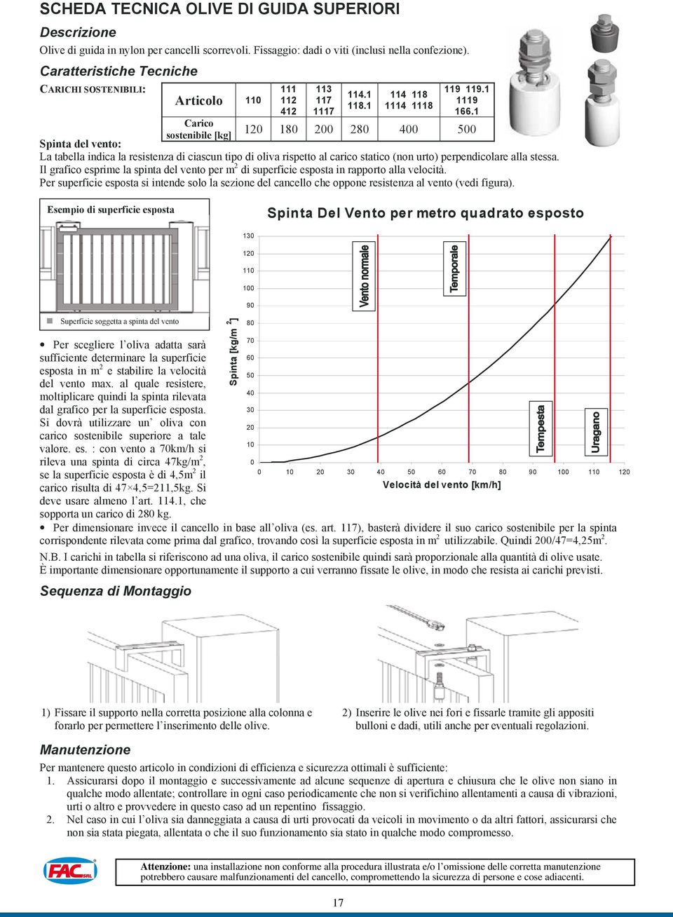 carico statico (non urto) perpendicolare alla stessa. Il grafico esprime la spinta del vento per m 2 di superficie esposta in rapporto alla velocità.