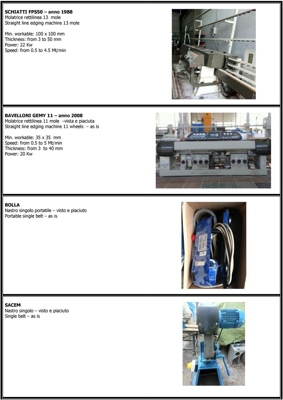 5 Mt/min BAVELLONI GEMY 11 anno 2008 Molatrice rettilinea 11 mole vista e piaciuta Straight line edging machine 11 wheels as is Min.