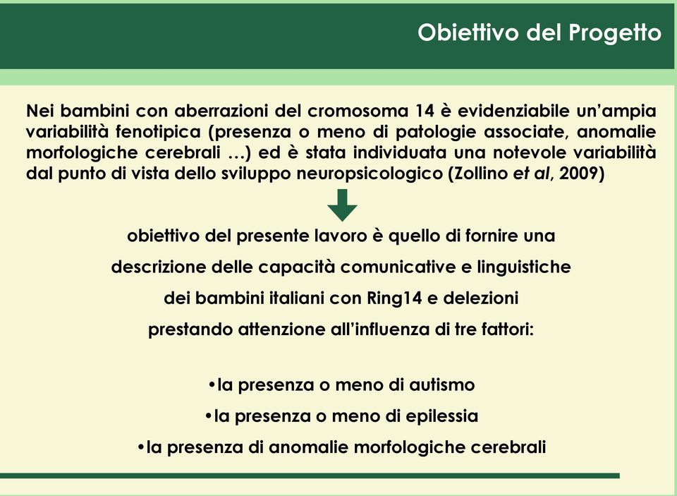al, 2009) obiettivo del presente lavoro è quello di fornire una descrizione delle capacità comunicative e linguistiche dei bambini italiani con Ring14 e