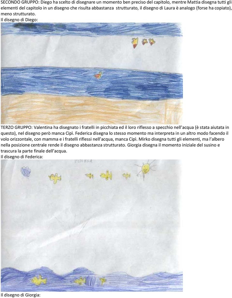 Il disegno di Diego: TERZO GRUPPO: Valentina ha disegnato i fratelli in picchiata ed il loro riflesso a specchio nell acqua (è stata aiutata in questo), nel disegno però manca Cipì.