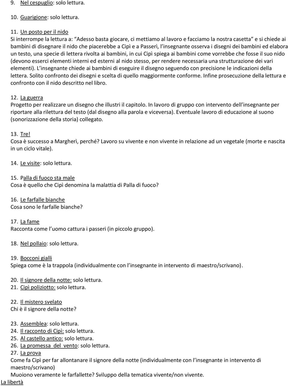 Passerì, l insegnante osserva i disegni dei bambini ed elabora un testo, una specie di lettera rivolta ai bambini, in cui Cipì spiega ai bambini come vorrebbe che fosse il suo nido (devono esserci