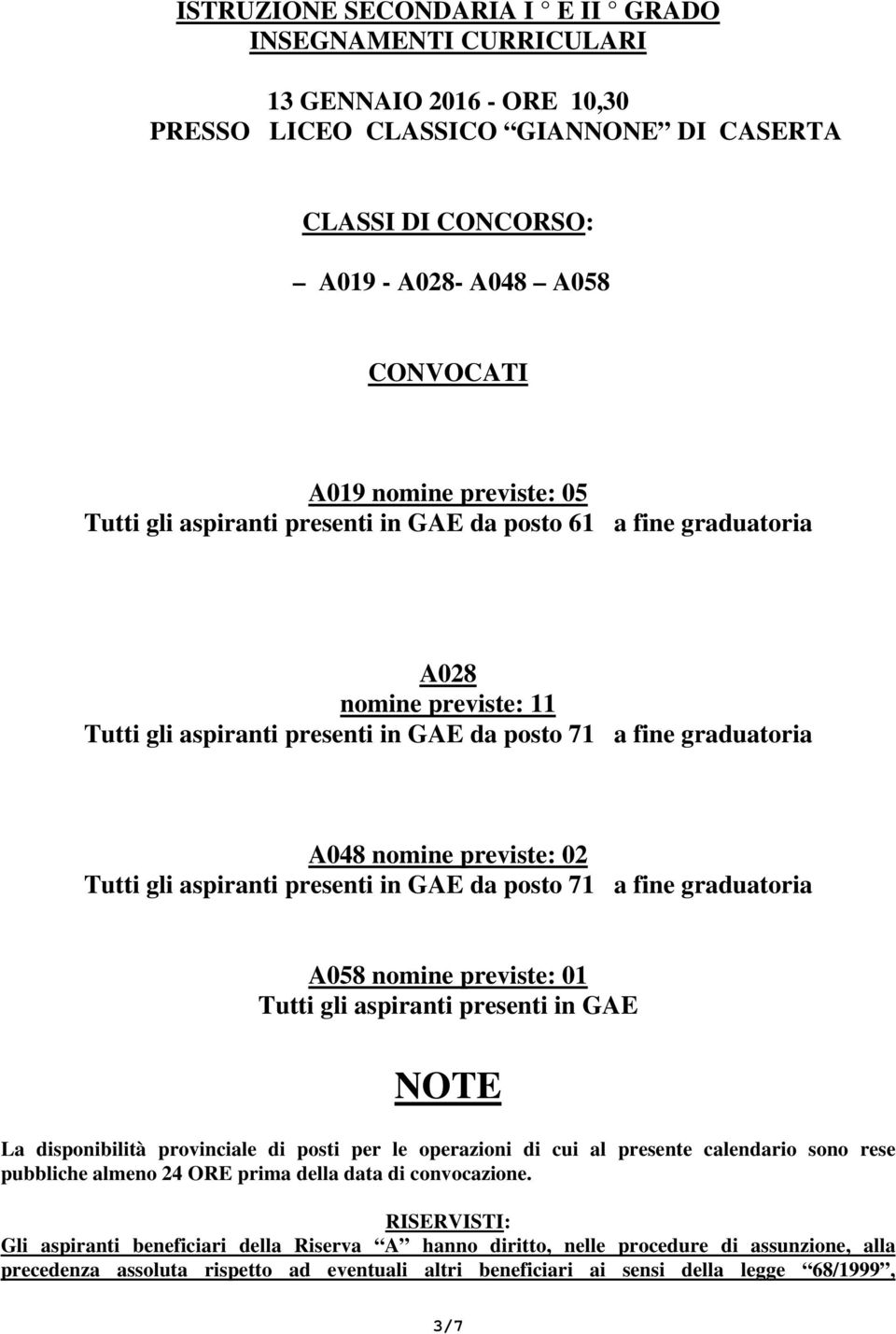 Tutti gli aspiranti presenti in GAE da posto 71 a fine graduatoria A058 nomine previste: 01 Tutti gli aspiranti presenti in GAE NOTE La disponibilità provinciale di posti per le operazioni di cui al