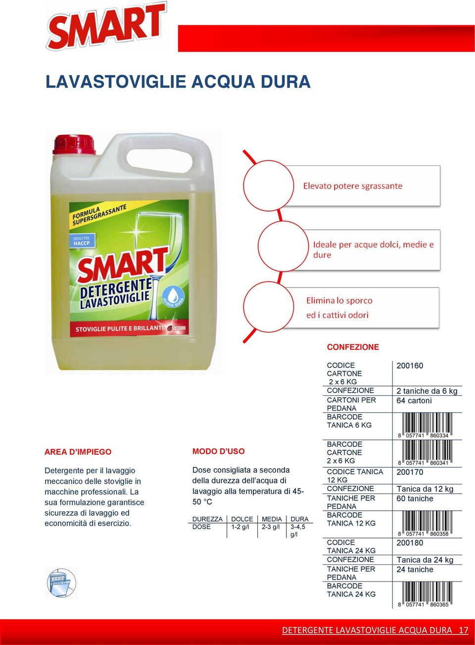 Dose consigliata a seconda della durezza dell acqua di lavaggio alla temperatura di 45-50 C DUREZZA DOLCE MEDIA DURA DOSE 1-2 g/l 2-3 g/l