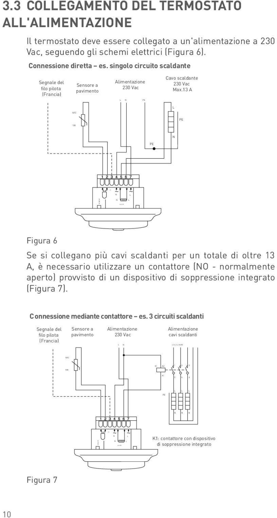 singolo circuito scaldante Segnale del filo pilota (Francia) Sensore a pavimento Alimentazione 20 Vac avo scaldante 20 Vac Max. A L PE N onnessione diretta es.