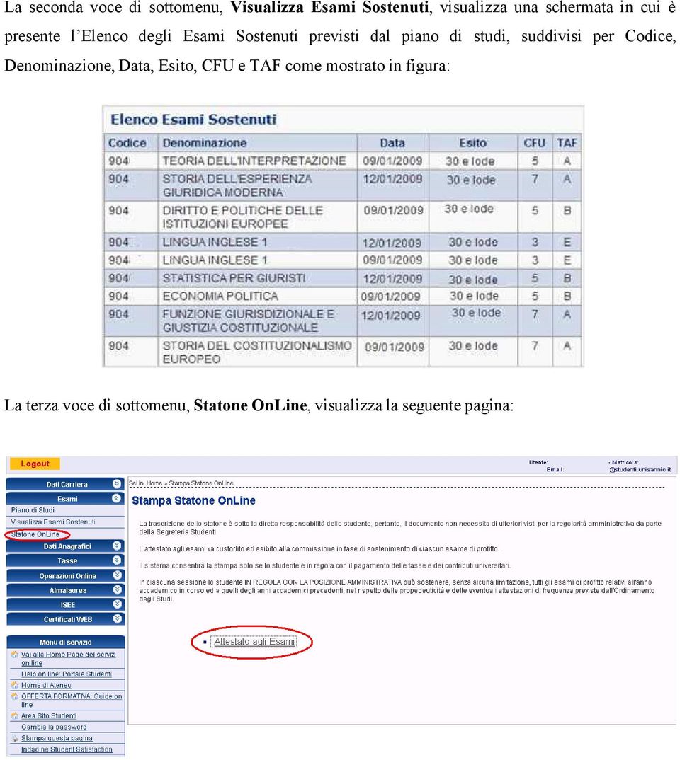 di studi, suddivisi per Codice, Denominazione, Data, Esito, CFU e TAF come