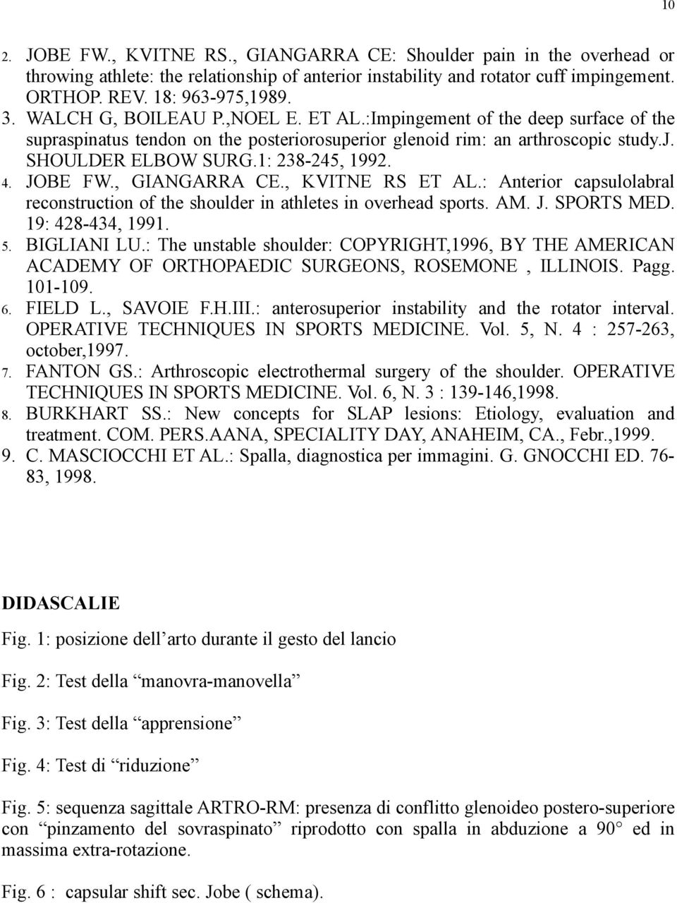 JOBE FW., GIANGARRA CE., KVITNE RS ET AL.: Anterior capsulolabral reconstruction of the shoulder in athletes in overhead sports. AM. J. SPORTS MED. 19: 428-434, 1991. 5. BIGLIANI LU.