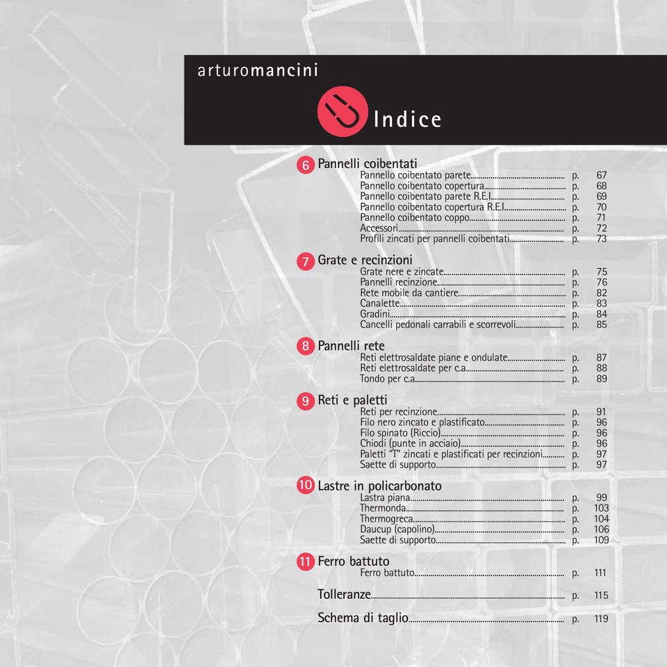 .. p. 82 Canalette... p. 83 Gradini... p. 84 Cancelli pedonali carrabili e scorrevoli... p. 85 Pannelli rete Reti elettrosaldate piane e ondulate... p. 87 Reti elettrosaldate per c.a... p. 88 Tondo per c.