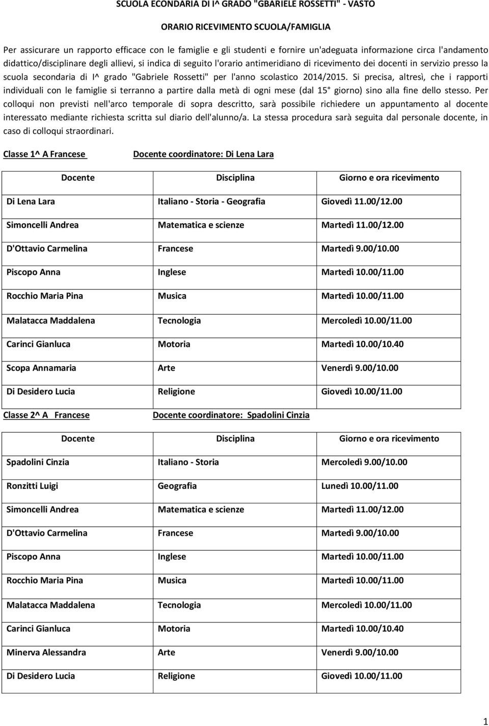 l'anno scolastico 2014/2015. Si precisa, altresì, che i rapporti individuali con le famiglie si terranno a partire dalla metà di ogni mese (dal 15 giorno) sino alla fine dello stesso.