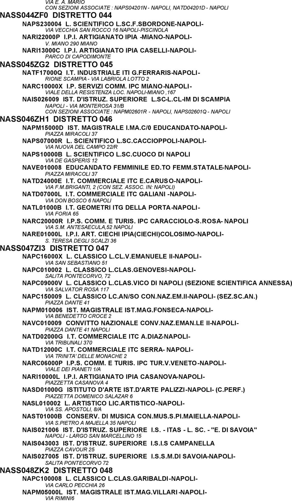 FERRARIS-NAPOLI- RIONE SCAMPIA - VIA LABRIOLA LOTTO 2 NARC10000X I.P. SERVIZI COMM. IPC MIANO-NAPOLI- VIALE DELLA RESISTENZA LOC. NAPOLI-MIANO,167 NAIS026009 IST. D'ISTRUZ. SUPERIORE L.SC-L.