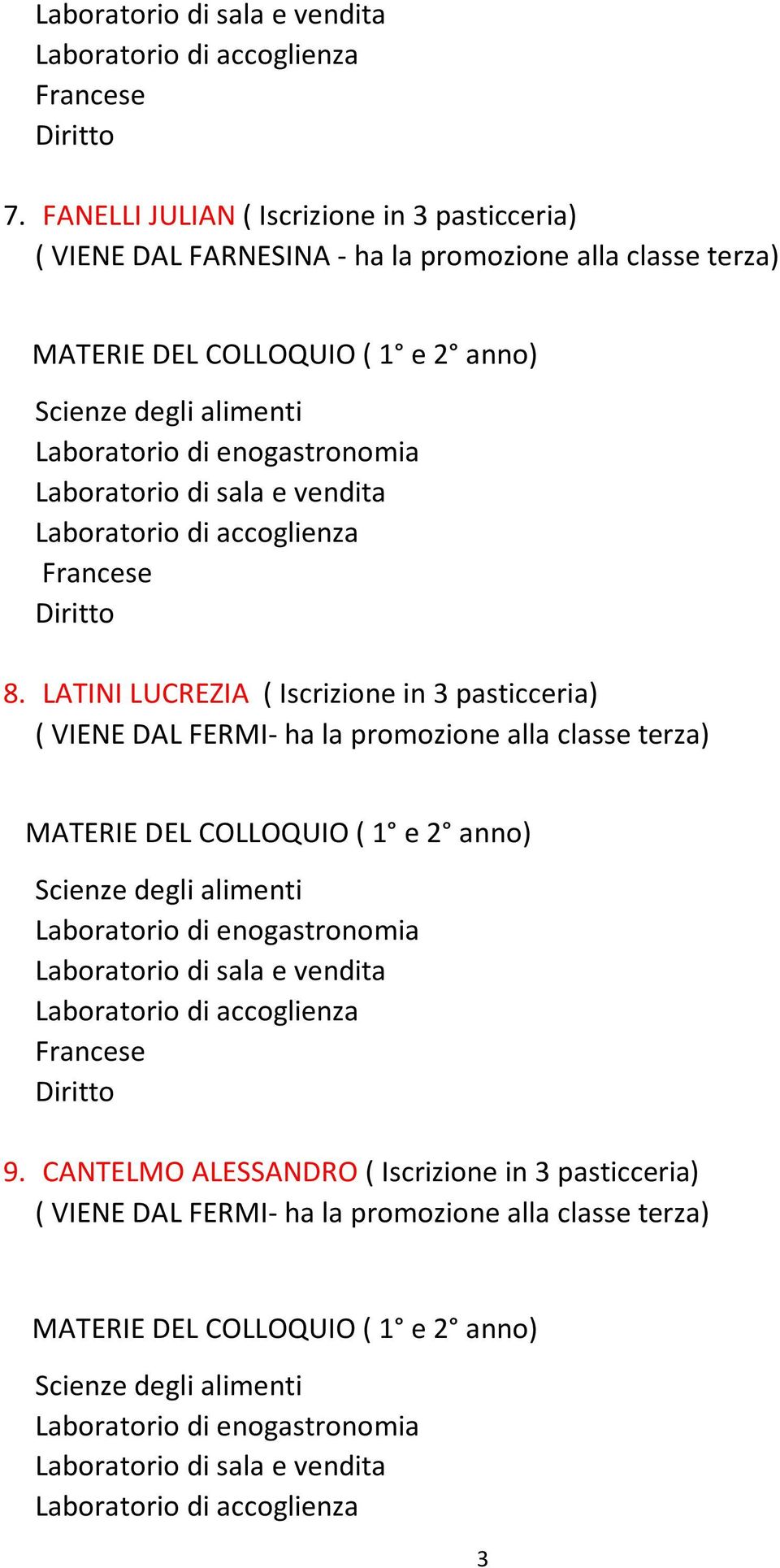 LATINI LUCREZIA ( Iscrizione in 3 pasticceria) ( VIENE DAL FERMI- ha la promozione alla classe terza)