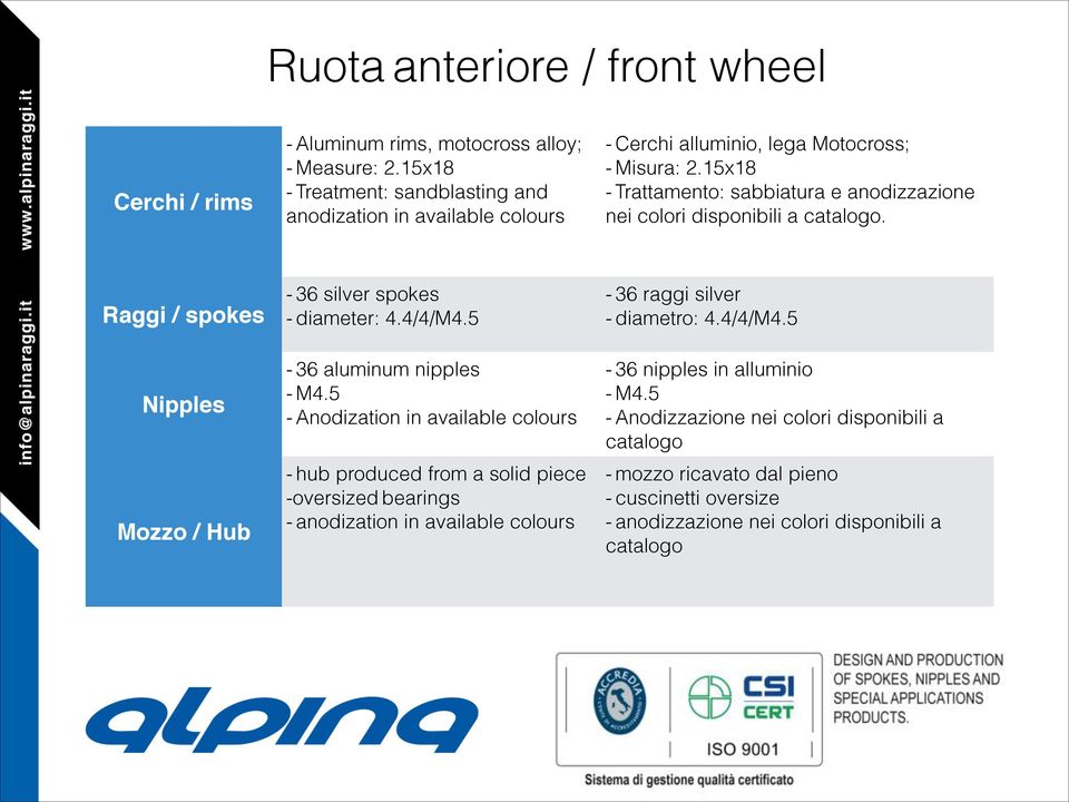 15x18 - Trattamento: sabbiatura e anodizzazione nei colori disponibili a. Raggi / spokes Nipples Mozzo / Hub - 36 silver spokes - diameter: 4.4/4/M4.